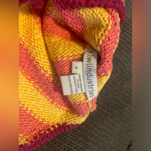 Kiwi Industries Organic Knit Hat with Pom Pom Pink and Yellow Stripe - Picture 2 of 3